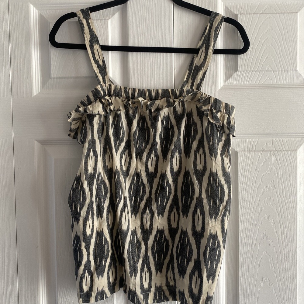 J.Crew Ikat Ruffle Camisole Womens Size 2 Black White Cotton Tank Top Ikat Boho